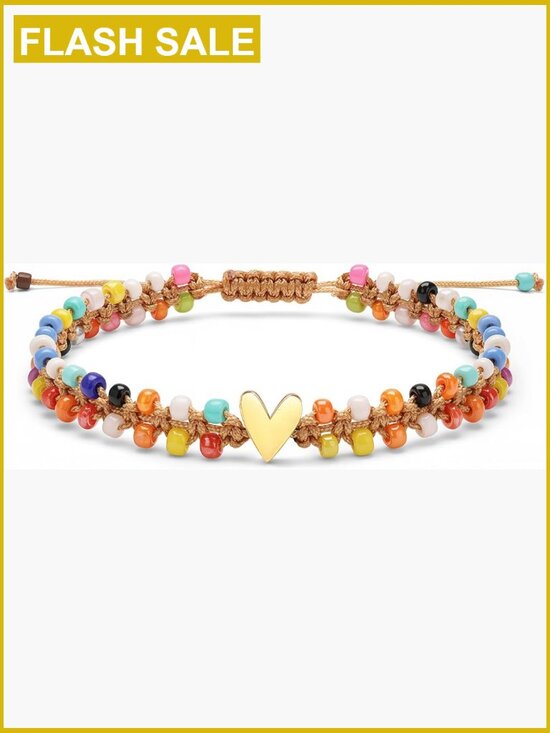 Jewelry - Double Layer Seed Bead Bracelet with Heart Charm, Handmade Boho Stackable